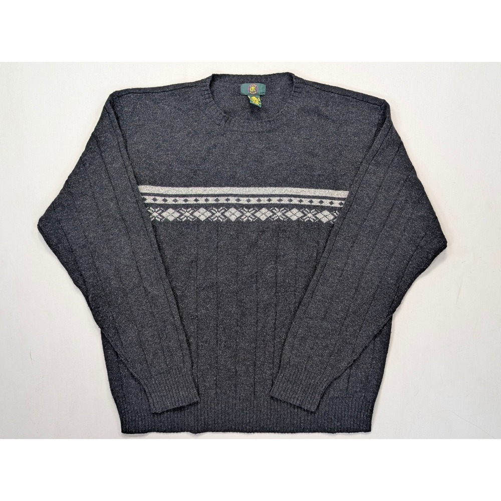 Club Room Mens XL Lambswool Sweater Charcoal Grey Fair Isle Crew Neck 100% Wool